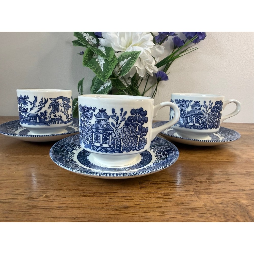 Vintage Churchill Blue Willow Coffee Cups Saucers England Blue White Farmhouse‎